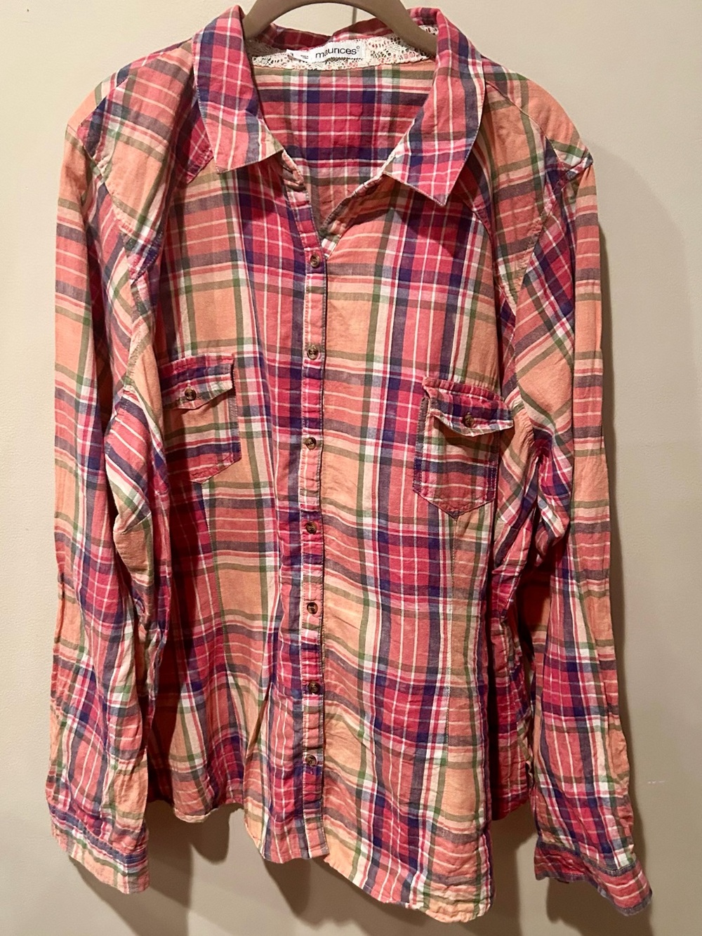 Maurice's Women's Flannel Long-Sleeve, Button-Down Pink/Gray Plaid, Shirt, 3X